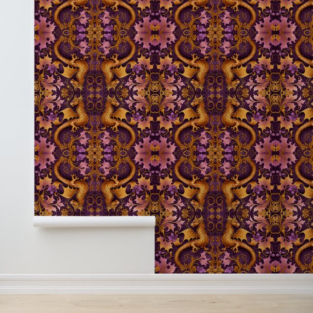  Sinaasappel Roze en Paarse Drakenpatroon Behang (Applicatie)