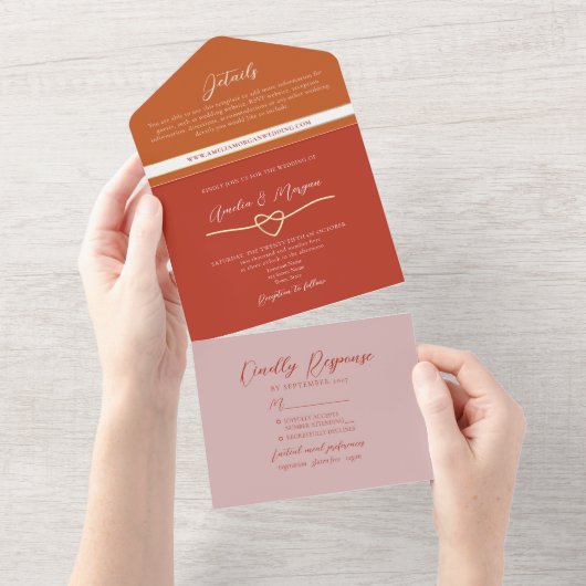 Sinaasappel Roze en Rode Bruiloft All In One Uitnodiging (Afscheurbaar)