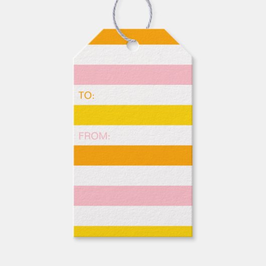 Sinaasappel, Roze & Geel Gestreept Cadeaulabel (Voorkant)