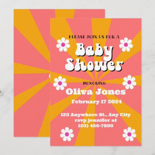 Sinaasappel & Roze Groovy Retro Baby shower Kaart (Voorkant / Achterkant)