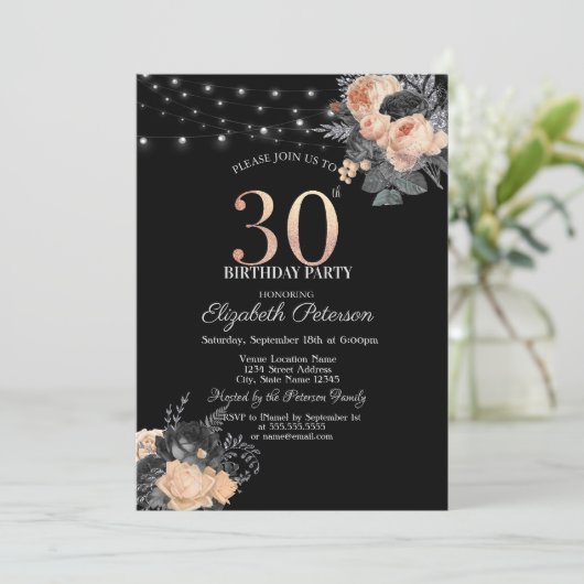 Sinaasappel Rozen Slingerlichten Zwart 30e Verjaar Kaart (Staand voorkant)