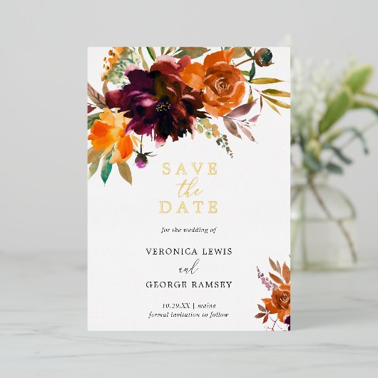 Sinaasappel Rustieke Bloemen Elegante Bruiloft Sav Folie Uitnodiging (Staand Voorkant)