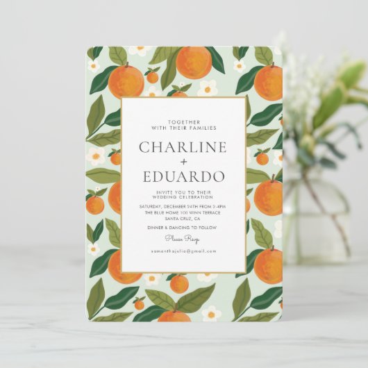 Sinaasappel Schattige Groen Zomer Bruiloft QR Code Kaart (Staand voorkant)