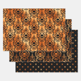 Sinaasappel Schedel Halloween Damast Patroon Inpakpapier Vel
