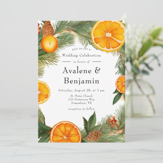 Sinaasappel Slice Pine krans bruiloft viering Kaart (Staand voorkant)