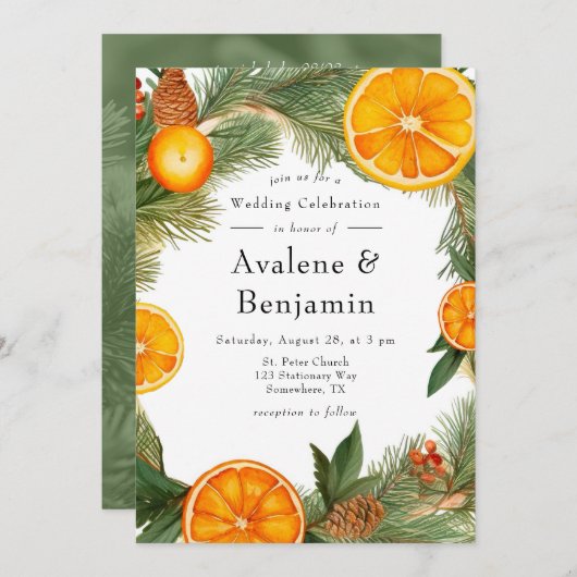 Sinaasappel Slice Pine krans bruiloft viering Kaart (Voorkant / Achterkant)