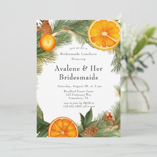 Sinaasappel Slice Pine Wreath Bridesmaids Luncheon Kaart (Staand voorkant)