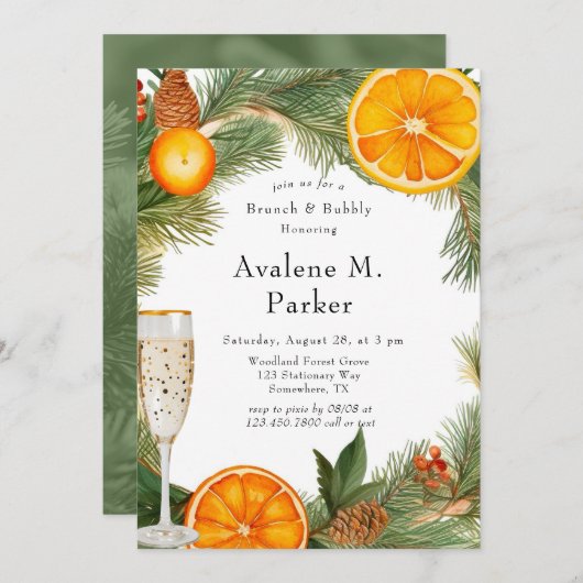 Sinaasappel Slice Pine Wreath Brunch & Bubbly Kaart (Voorkant / Achterkant)