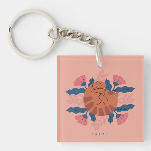  Sinaasappel Tabby Cat & Matisse Flowers Sleutelhanger (Voorkant)