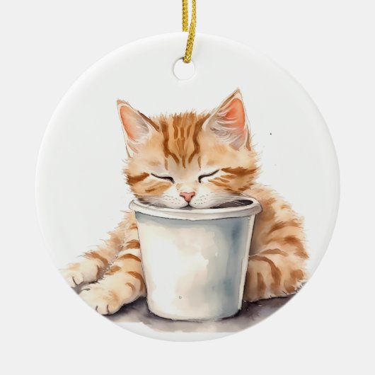  SINAASAPPEL TABBY KITTEN SLAPEN OP CUP KERAMISCH ORNAMENT (Voorkant)