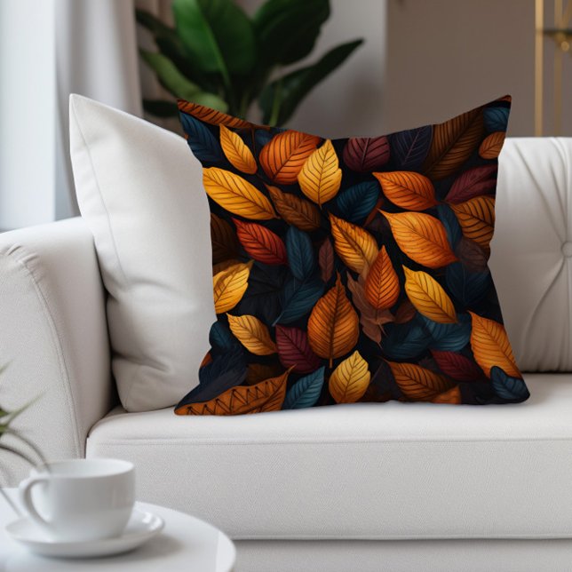 Sinaasappel Teal Herfst Bladeren Kussen (Warm burnt orange fall/autumn leaves decorator pillow)