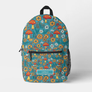Sinaasappel Teal Paddenstoelen Monogram Naam Kamp Bedrukte Rugzak