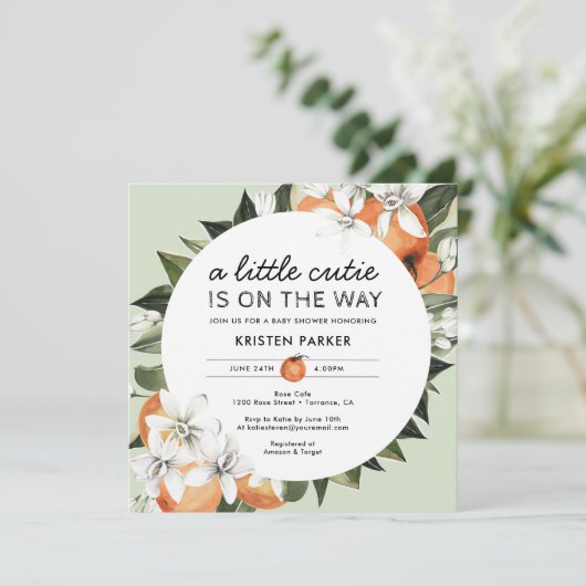 Sinaasappel Thema Kleine Moppie Baby Shower Kaart (Staand voorkant)