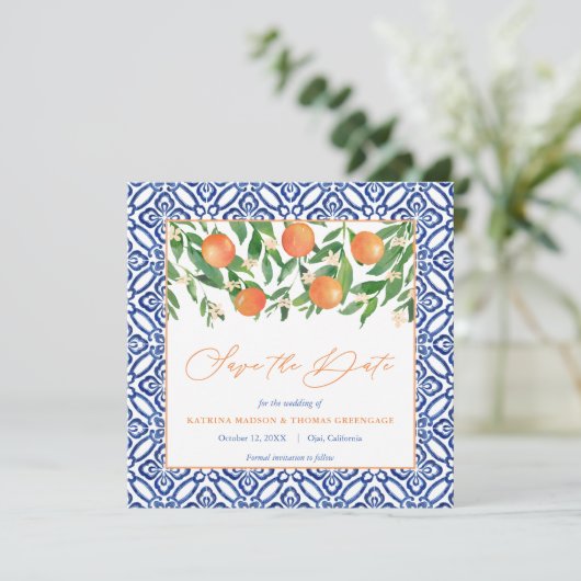 Sinaasappel Tree Citrus Bruiloft Mediterrane Blauw Save The Date (Staand voorkant)