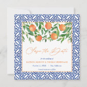 Sinaasappel Tree Citrus Bruiloft Mediterrane Blauw Save The Date (Voorkant)