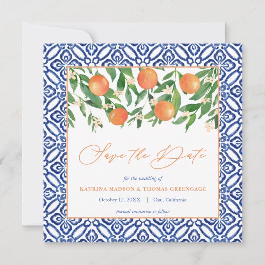 Sinaasappel Tree Citrus Bruiloft Mediterrane Blauw Save The Date (Voorkant)