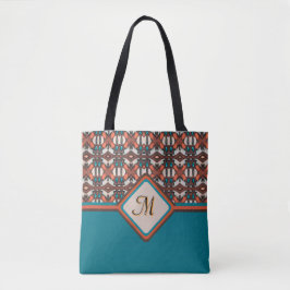 Sinaasappel, turquoise, bruine tribal geïnspireerd tote bag