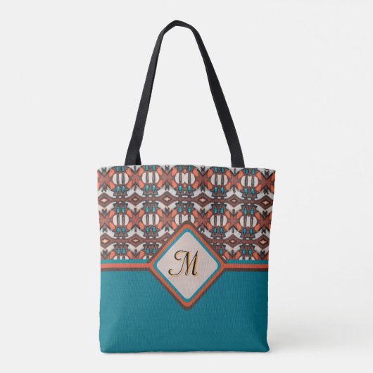 Sinaasappel, turquoise, bruine tribal geïnspireerd tote bag (Achterkant)