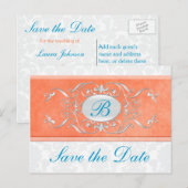 Sinaasappel, Turquoise en Grijze Damast bewaren de Aankondigingskaart (Voorkant / Achterkant)