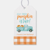 Sinaasappel & turquoise pompoen oogstwagen cadeaulabel (Voorkant)