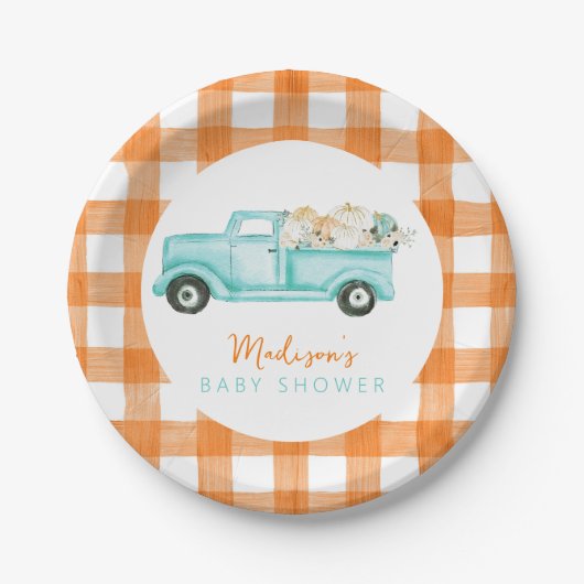 Sinaasappel & turquoise pompoen oogstwagen papieren bordje (Voorkant)