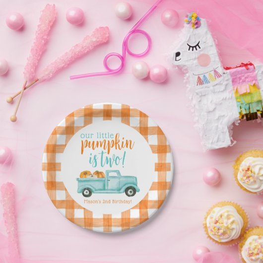 Sinaasappel & turquoise pompoen oogstwagen papieren bordje (Feest)