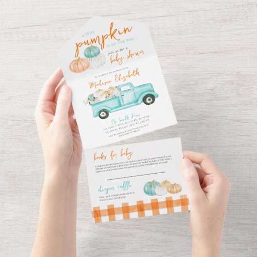 Sinaasappel & turquoise pompoen Truck Baby shower All In One Uitnodiging (Afscheurbaar)