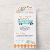 Sinaasappel & turquoise pompoen Truck Baby shower All In One Uitnodiging (Binnen)