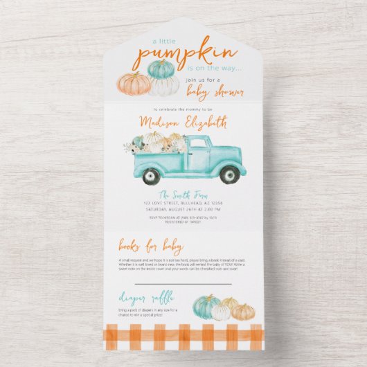 Sinaasappel & turquoise pompoen Truck Baby shower All In One Uitnodiging (Binnen)