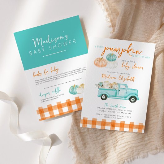 Sinaasappel & turquoise pompoen Truck Baby shower Kaart