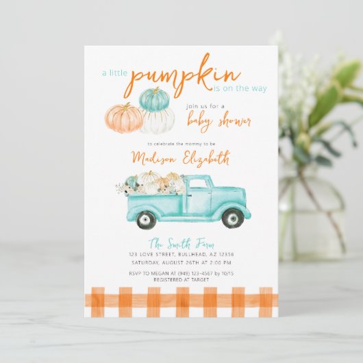 Sinaasappel & turquoise pompoen Truck Baby shower Kaart (Staand voorkant)