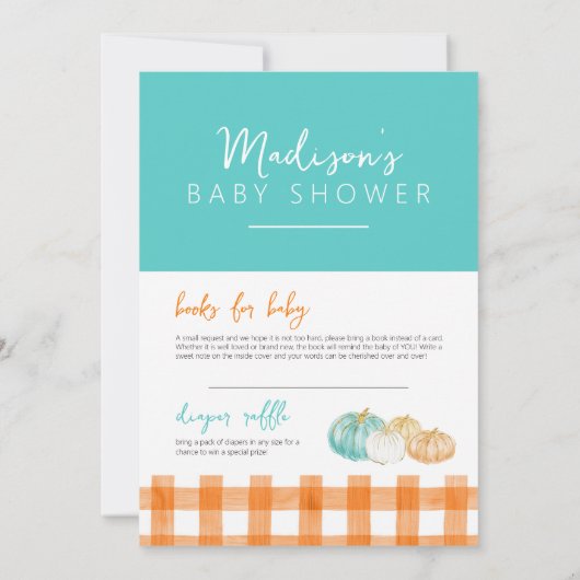 Sinaasappel & turquoise pompoen Truck Baby shower Kaart (Achterkant)