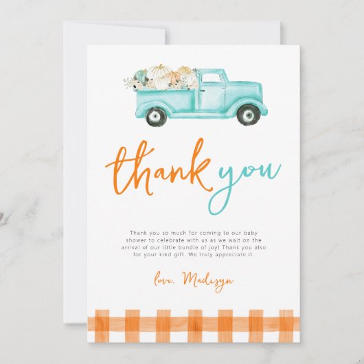 Sinaasappel & turquoise pompoen vrachtwagen dank u kaart (Voorkant)