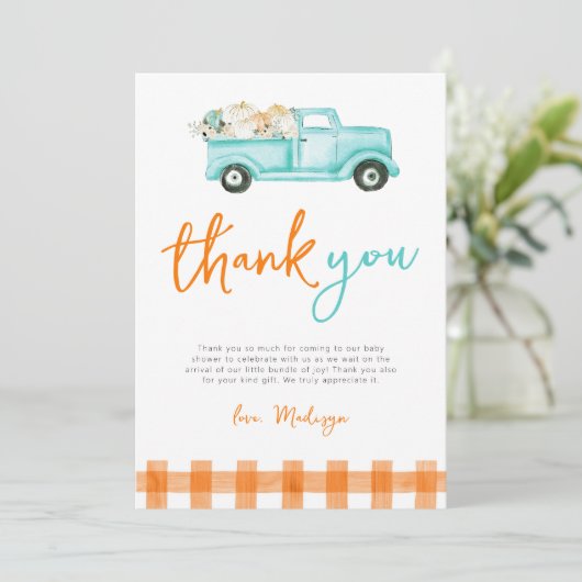 Sinaasappel & turquoise pompoen vrachtwagen dank u kaart (Staand voorkant)