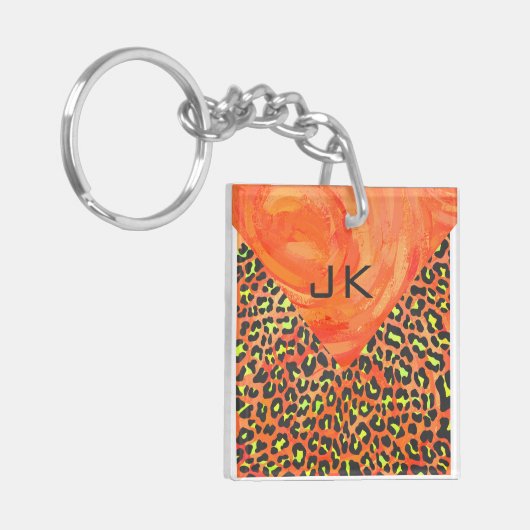 Sinaasappel van de luipaard en geel monogram sleutelhanger (Voorkant Links)
