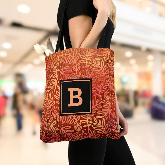 Sinaasappel vet monogram bladpatroon modern custom tote bag