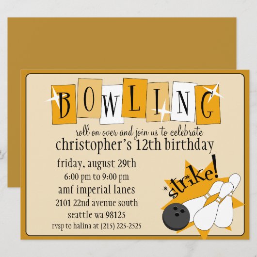  Sinaasappel volledig Retro Bowling Party Kaart (Voorkant / Achterkant)