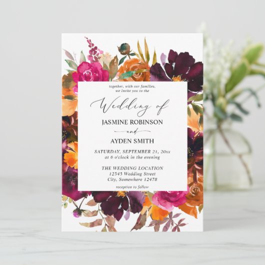 Sinaasappel, warmroze en Paarse Herfst Floral 2 br Kaart (Staand voorkant)