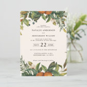 Sinaasappel waterverf botanische bruiloft met citr save the date (Staand voorkant)