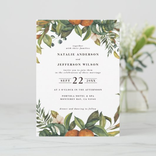 Sinaasappel waterverf botanische bruiloft met citr save the date (Staand voorkant)