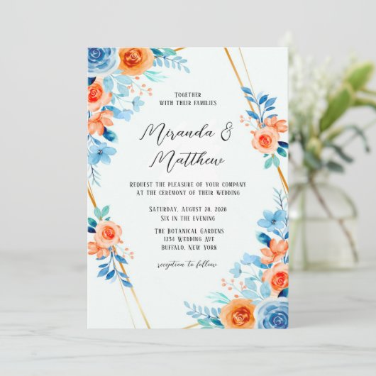 Sinaasappel Waterverf Floral Wedding Kaart (Staand voorkant)