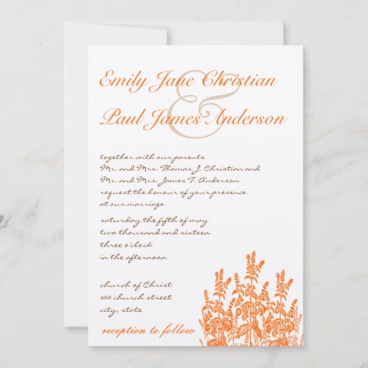 Sinaasappel Wild Flowers en Font Wedding Invitatio Kaart (Voorkant)
