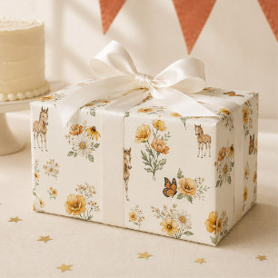 Sinaasappel Wilde Bloem Paard en Vlinder Patroon  Cadeaupapier