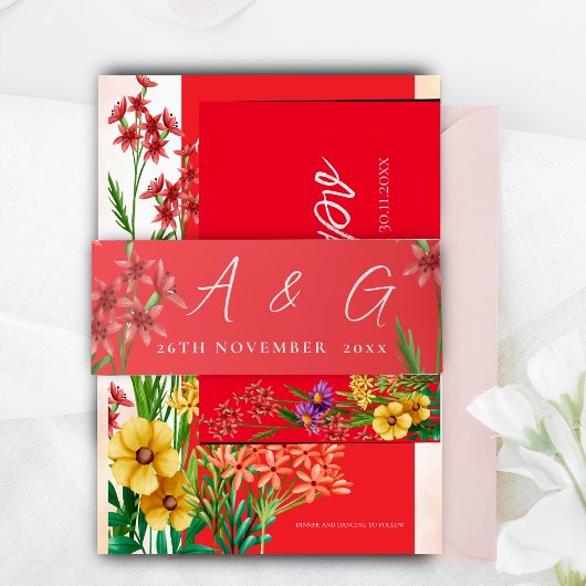 Sinaasappel Wildflower Monogram Script Bruiloft Uitnodigingen Wikkel