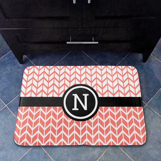 Sinaasappel Wit Chevron Patroon Monogram Bold Mode Badmat