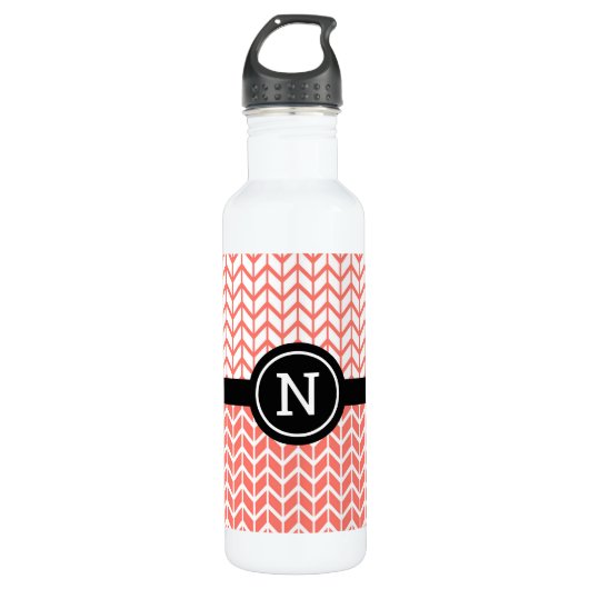 Sinaasappel Wit Chevron Patroon Monogram Modern Bo Waterfles (Voorkant)