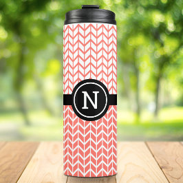 Sinaasappel Wit Chevron Patroon Monogram Sportief Thermosbeker