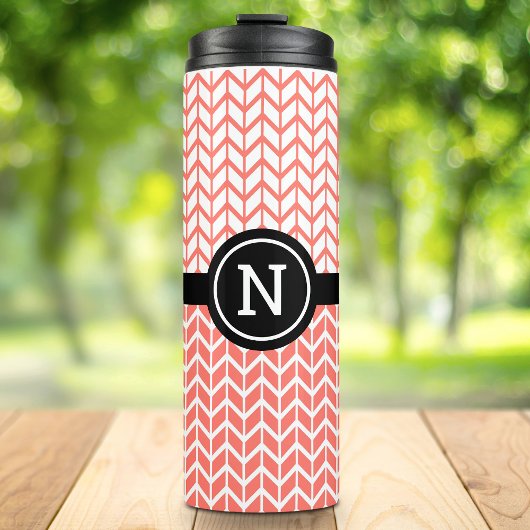 Sinaasappel Wit Chevron Patroon Monogram Sportief  Thermosbeker