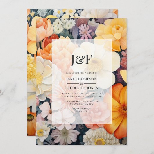 Sinaasappel, Wit en Goldenrod Bloemenbruiloft Kaart (Voorkant / Achterkant)