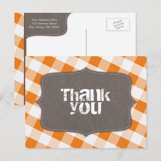 Sinaasappel & Wit Gingham Canvas Dank u Briefkaart (Voorkant / Achterkant)